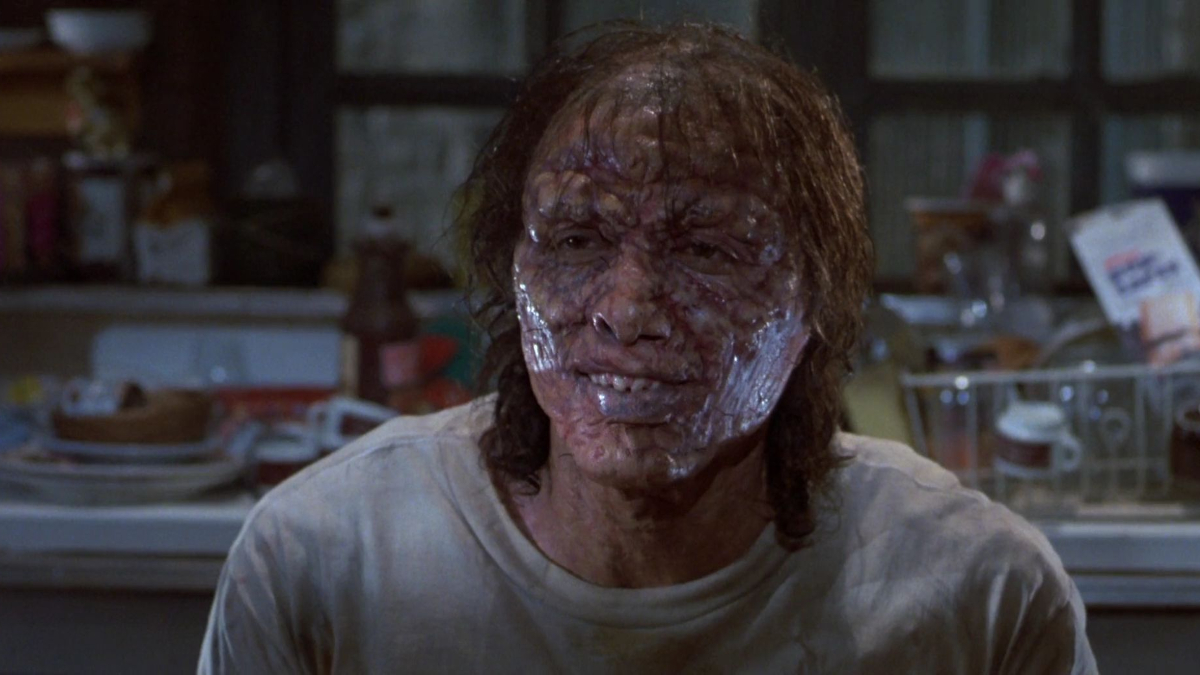 Jeff Goldblum as Seth Brundle mid-transformation in The Fly.