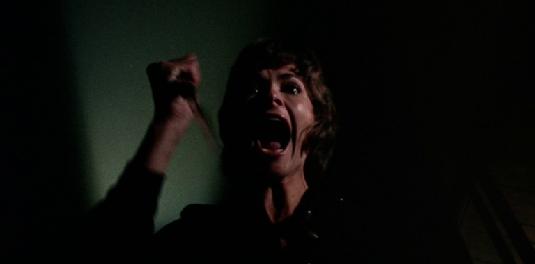 Evelyn (Jessica Walter) scream while brandishing a knife in Play Misty for Me (1971).
