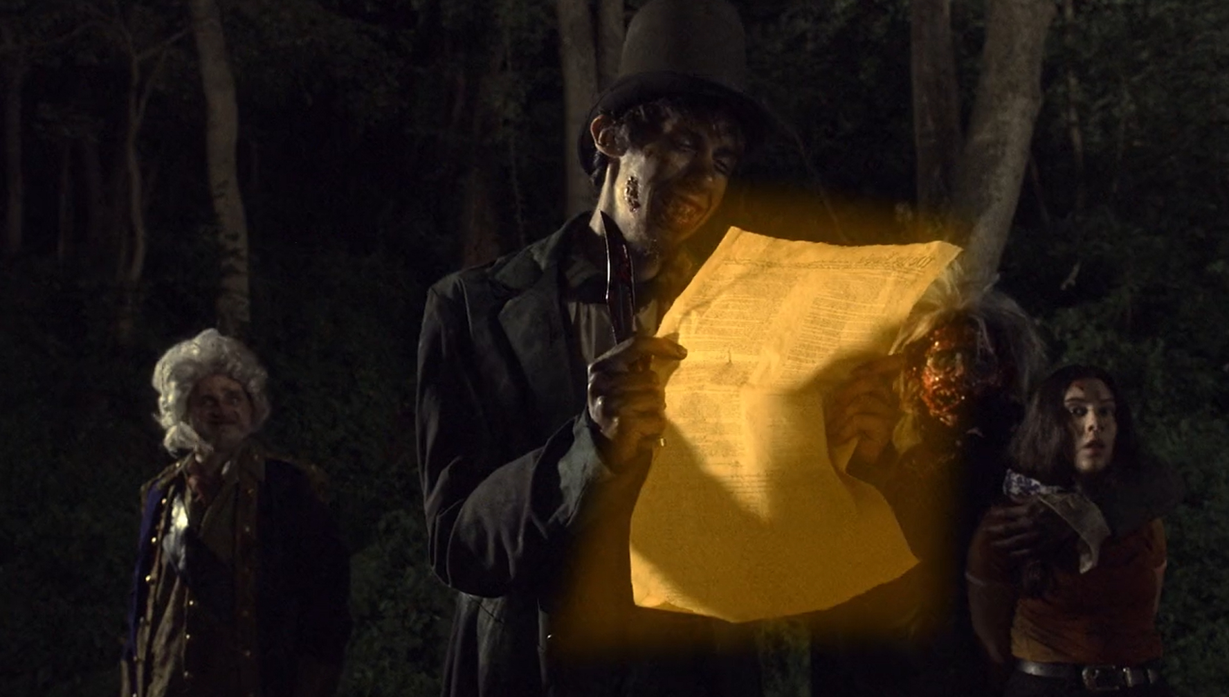 Undead presidents read the Declaration of Independence in Re-Elected (2020).
