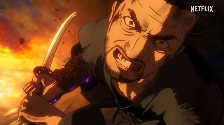 Musashi Miyamoto angrily leaps forward in Onimusha (2023).