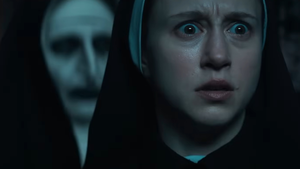 Bonnie Aarons as The Nun, and Taissa Farmiga as Sister Irene in The Nun II.
