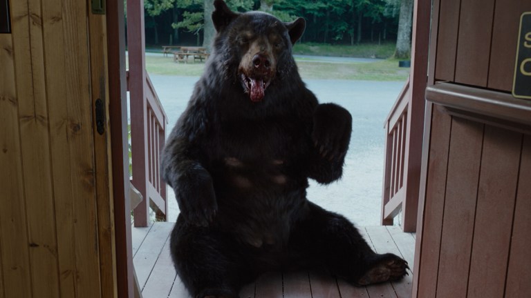 The cocaine bear sitting in a doorway.