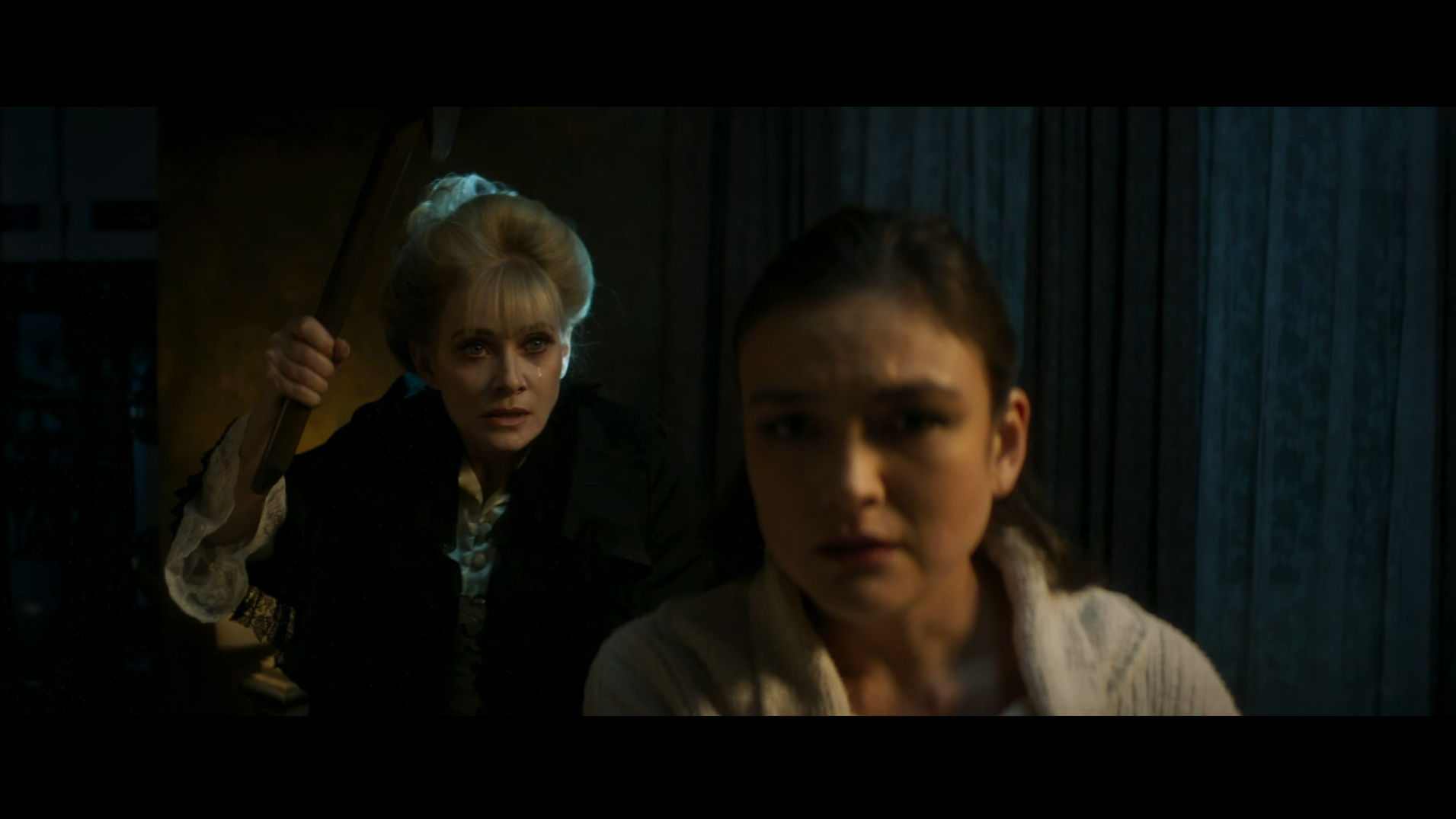 Barbara Crampton and Rachel Michiko Whitney in Snow Valley (2024).