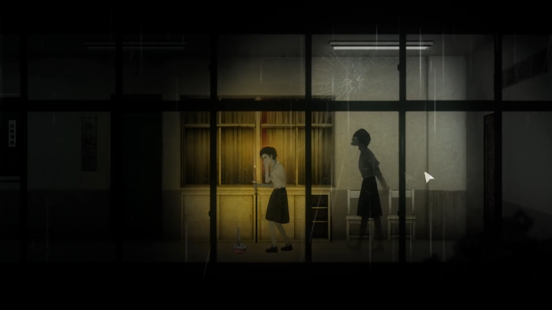 Ray cowers in front of a spirit in Detention.
