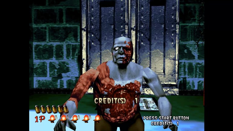 A bloodied zombie shambles towards the player in House of the Dead.