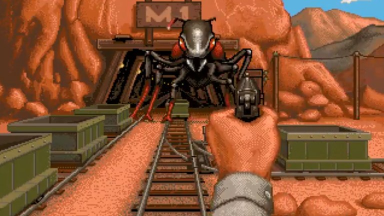 The player points a gun towards a giant ant in It Came from the Desert on the Amiga.