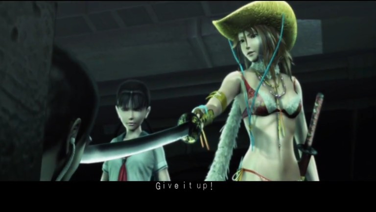 Saki and Aya from a cutscene in Onechanbara: Bikini Samurai Squad.