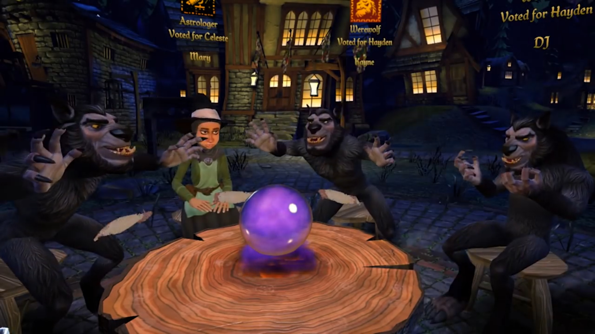 Three werewolves and a townsperson in Werewolves Within.