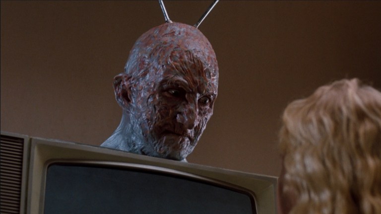 Freddy's head pops up from the top of a television in A Nightmare on Elm Street 3: Dream Warriors (1987).