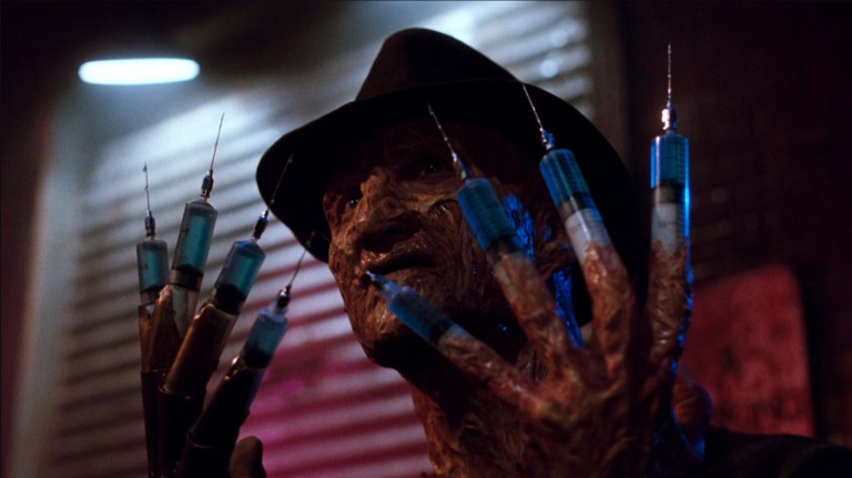 Freddy Krueger shows off finger needles in A Nightmare on Elm Street 3: Dream Warriors (1987).