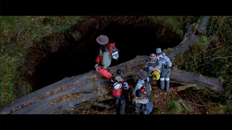 The group looks down into the cave from above in The Descent (2005).