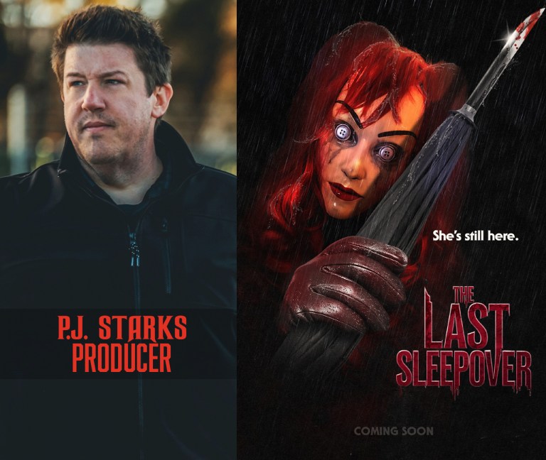 P.J. Starks and the poster for The Last Sleepover.