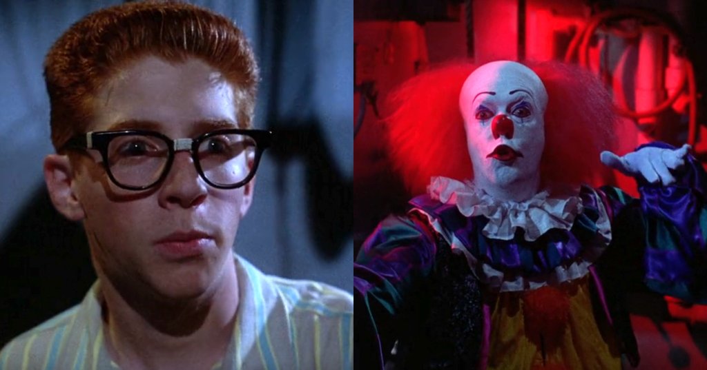 Close-up of a red-haired boy wearing large black-framed glasses, looking apprehensive, in a still from IT (1990).