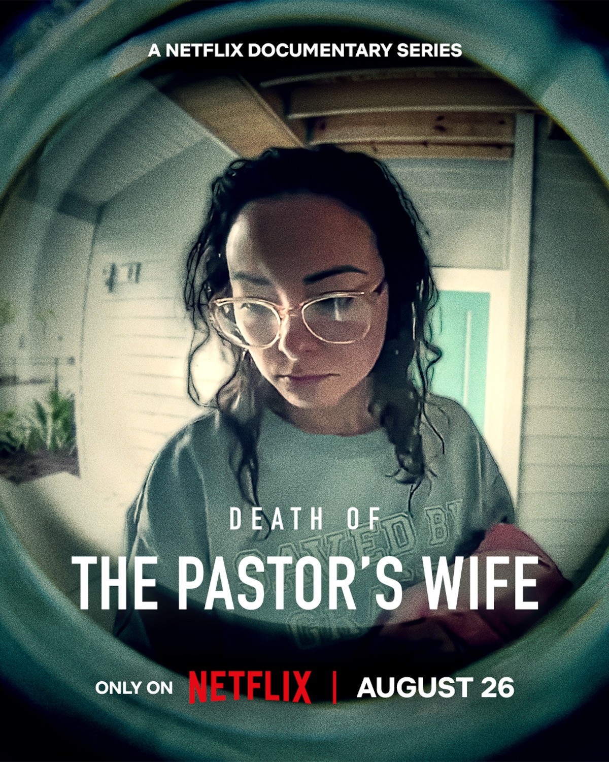 Official Netflix poster for Death of the Pastor's Wife showing a woman with glasses viewed through a door peephole, with premiere date August 26.